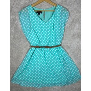 BCX Aqua Blue White Polka Dot Belted RETRO Dress Women's Small‎ V Neck Sheer